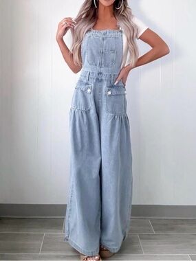 #1094 Light Blue Wide-Leg Denim Overalls for Women